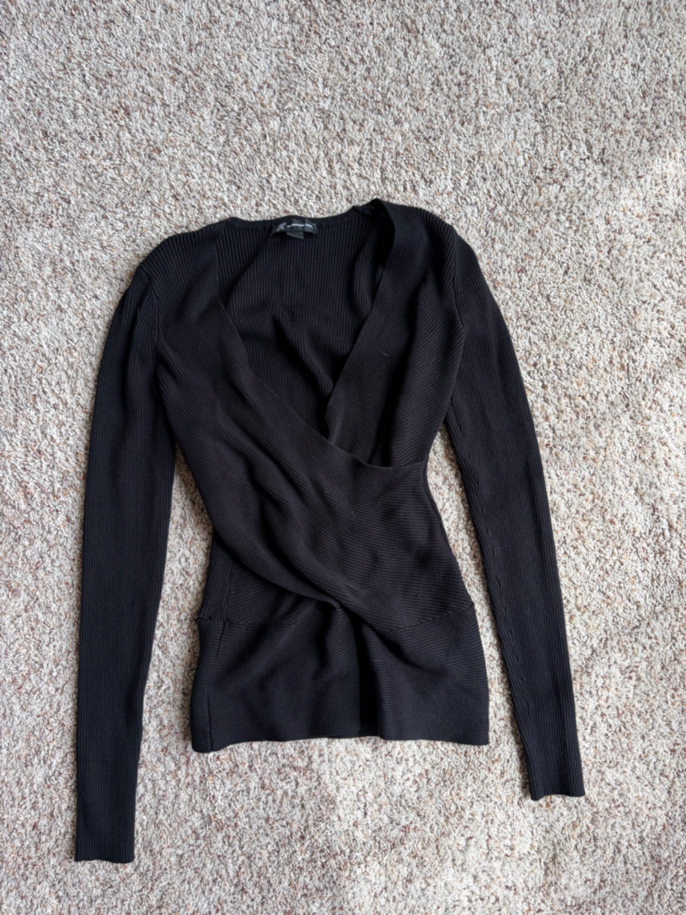 Black Ribbed Long-Sleeve Wrap Top